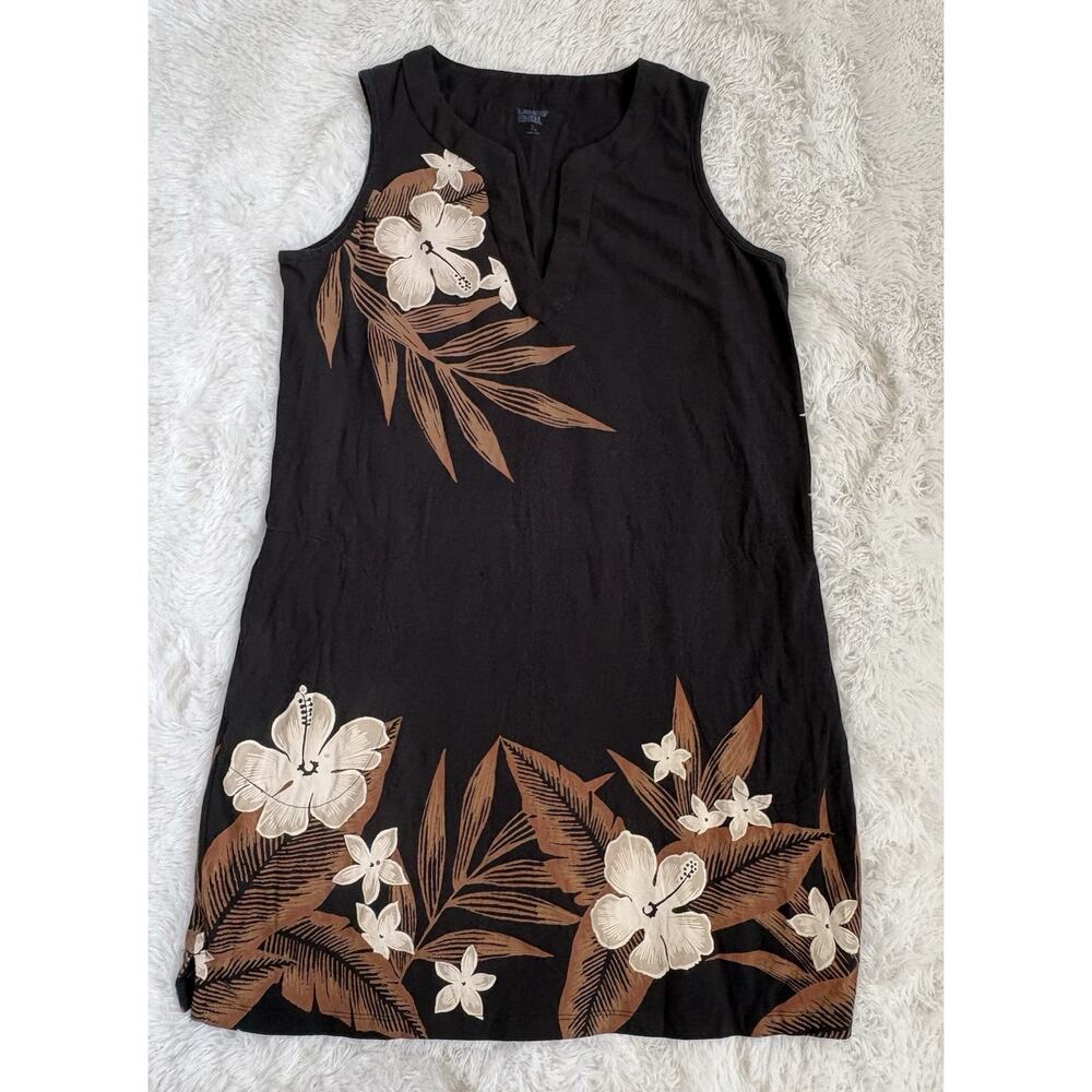 Lands End Women’s L Black W/brown Tropical Flower Design Dress. Pretty, Comf.
